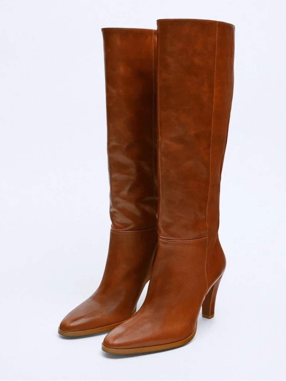 Zara Leather Tan Camel Cognac Brown Knee High Mid Heel Boots